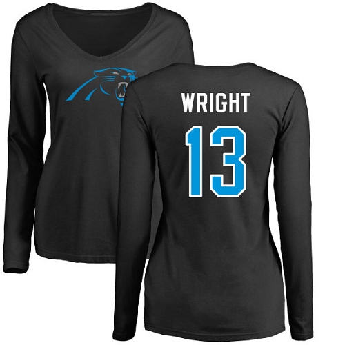 Carolina Panthers Black Women Jarius Wright Name and Number Logo Slim Fit NFL Football #13 Long Sleeve T Shirt->nfl t-shirts->Sports Accessory